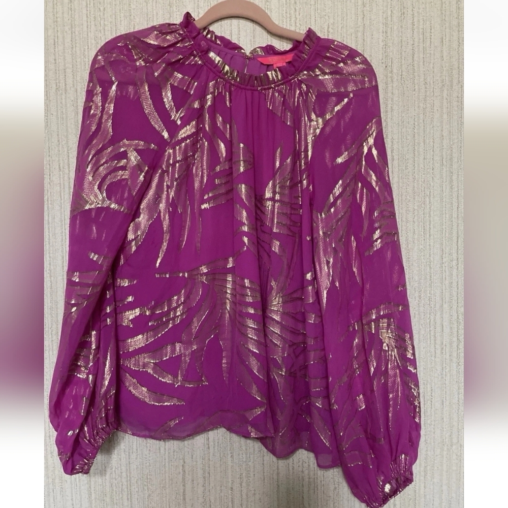NWT Lilly Pulitzer Size Medium Caline Long Sleeve Silk Blouse Wild Fuschsia Palm